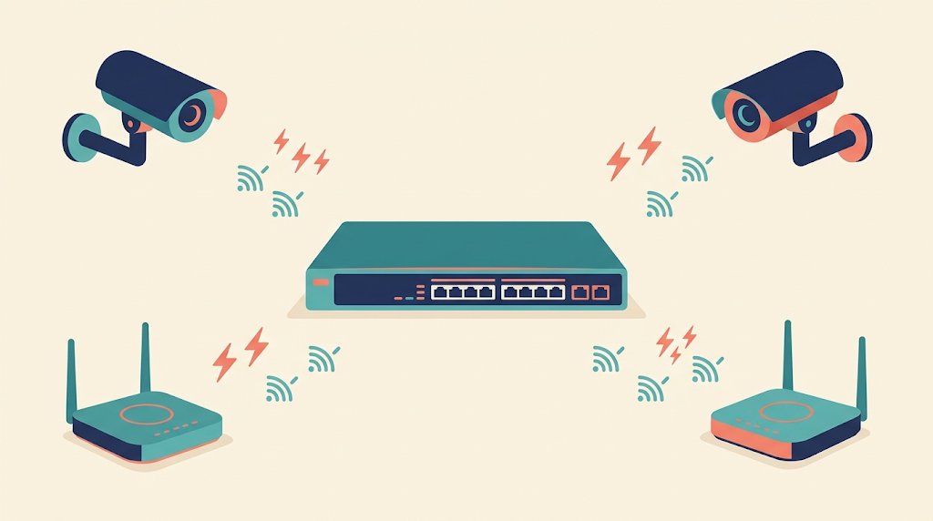 สวิตช์เครือข่าย กล้อง และจุดกระจาย Wi-Fi พร้อมสัญลักษณ์กำลังไฟ ภาพแนวคิดสร้างด้วย AI ไม่ใช่ผังเดินสายหรือภาพสินค้ารุ่นจริง